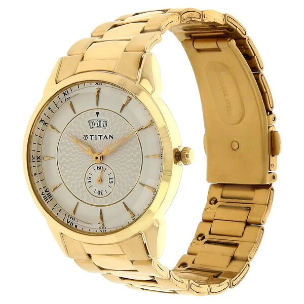 Titan Quartz Analog with Date Silver Round Dial Golden Stainless Steel Strap Watch For Men