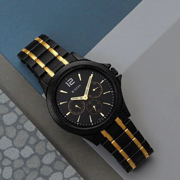 Titan Black and Gold Black Dial Quartz Multifunction Stainless Steel Strap watch for Men
