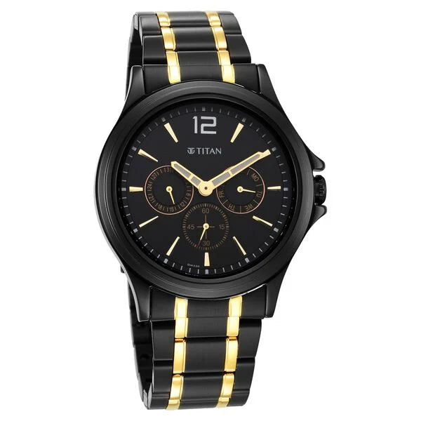 Titan Black and Gold Black Dial Quartz Multifunction Stainless Steel Strap watch for Men