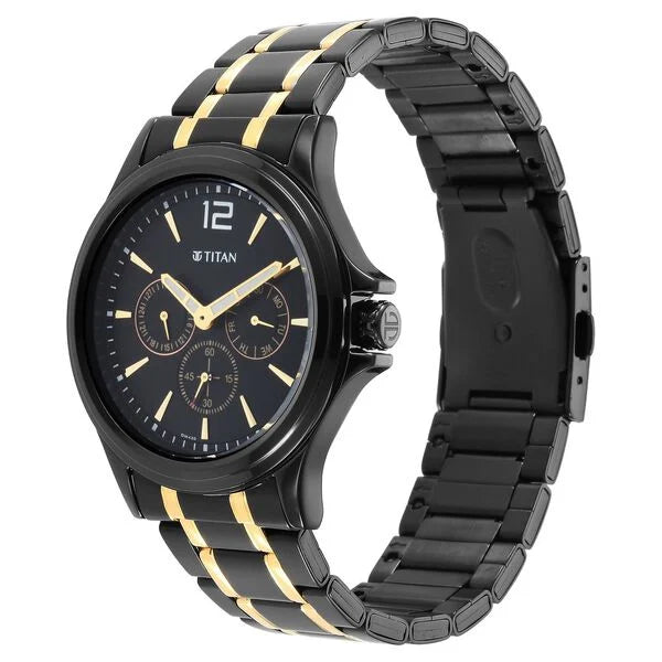 Titan Black and Gold Black Dial Quartz Multifunction Stainless Steel Strap watch for Men