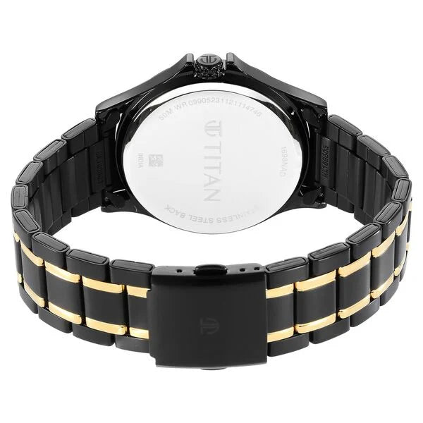 Titan Black and Gold Black Dial Quartz Multifunction Stainless Steel Strap watch for Men