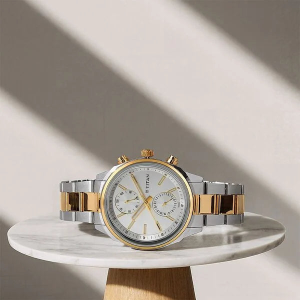 Titan Men's Metropolitan Luxe: Multifunction Silver Dial with Two-Tone Stainless Steel Bracelet Watch
