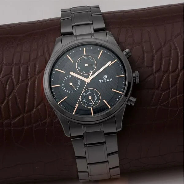 Titan Workwear Multifunction Black Round Dial Black Metal Strap Watch For Men
