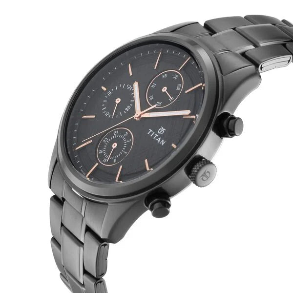 Titan Workwear Multifunction Black Round Dial Black Metal Strap Watch For Men