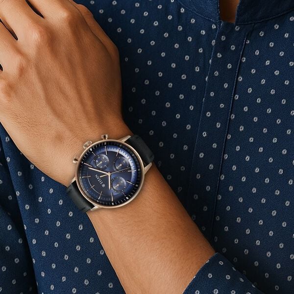 Titan Light Leathers Quartz Multifunction Blue Dial Stainless Steel Strap Watch for Men