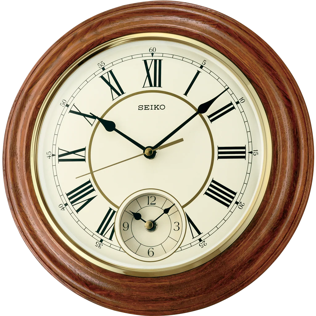QXA494B Oak Wood Dual Time Wall Clock