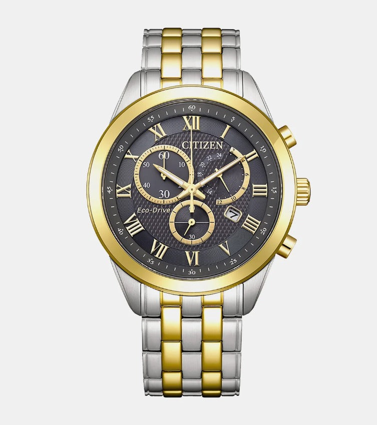 Eco-drive Men Quartz Grey Dial Chronograph Stainless Steel Watch AT2604-56H